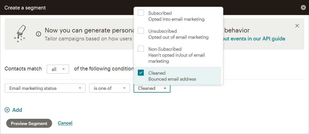 View your cleaned contacts to remove bounced emails from Mailchimp